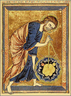 Gott als Architekt, aus der Bible Moralisée, 1245 - Die Schöpfung der Welt aus dem Chaos mit einem Zirkelschlag.